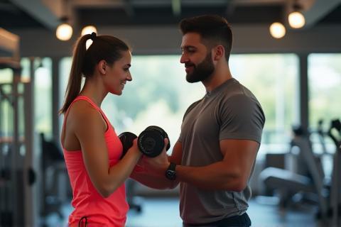 Personal trainer guiding individual workout